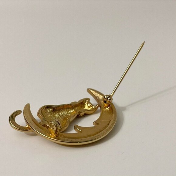 Vintage Cat Brooch Pin Sitting on Crescent Moon - Picture 9 of 16